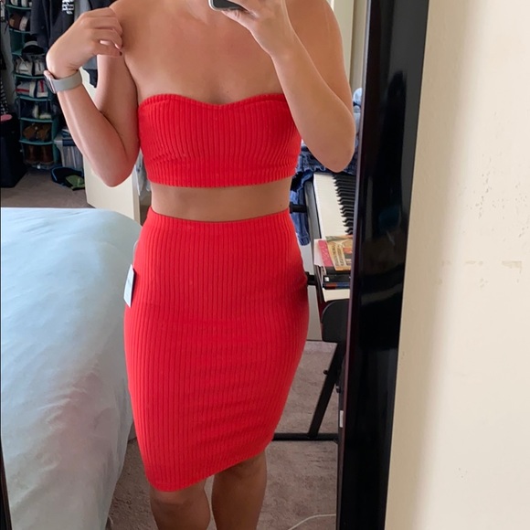 Forever 21 Dresses & Skirts - Red ribbed brush knit crop tube top and skirt set